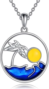 Sterling Silver Beach Theme Necklace Palm Tree Pendant Ocean Wave Jewelry Gift f - Picture 1 of 8