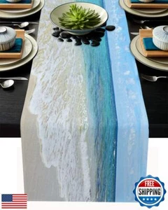 Blue Ocean Table Runner 120 inches Long, Coastal Beach Blue White Sea Waves D - Picture 1 of 5