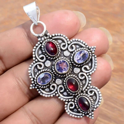Garnet Amethyst Cut Gemstone Faith Based Cross 925 Sterling Silver Pendant - Image 1 of 4