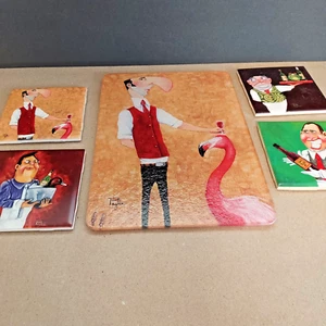 Karikatur Sommelier Set 4 Paglia Untersetzer & 1 Schneidebrett Bargeschirr Wein  - Bild 1 von 8