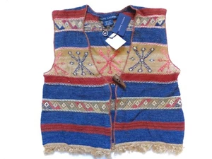 New Ralph Lauren Blue Label Knit Linen Blend Southwestern Fringed Toggle Vest M - Picture 1 of 5