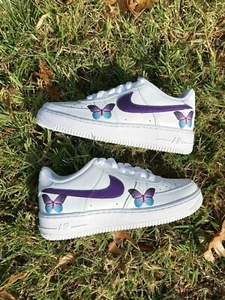 Air Force 1 Purple Pearlescent Butterfly White Custom Shoes Mens Womens Kids - Picture 1 of 24