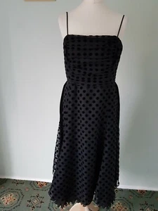 Black Polka Dot Lined Belted Flared Strappy Dress Evening Gown Knee L Size 12 - Picture 1 of 12