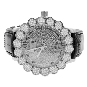 Flower Bezel Roman Face White Gold Real Diamonds Dial Leather Band W/Date Watch - Picture 1 of 2