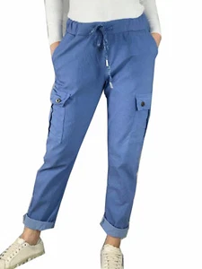 Womens Italian Plain Cargo Pocket Super Magic Stretch Tie String Chino Trousers - Picture 1 of 18