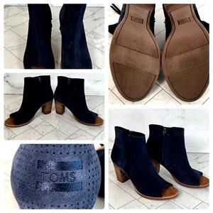 TOMS Blue Majorca Suede Peep Toe Block Heeled Zip Booties Size 9W - Picture 1 of 11