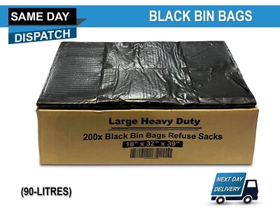 90 Litres Large Heavy Duty Black Bin Bags Rubbish Refuse Sacks Bin Liners 180G - Image 1 of 2