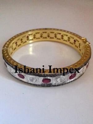 Bangle Natural Rose Cut Diamond & Polki Ruby 925 Sterling Silver Bangle Jewelry  - Image 1 of 4