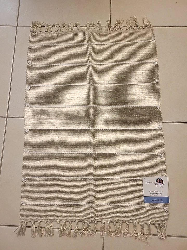 Mainstays Fringed Beige Stripe Layering Rug, 24 X 36 In. - Image 1 of 2