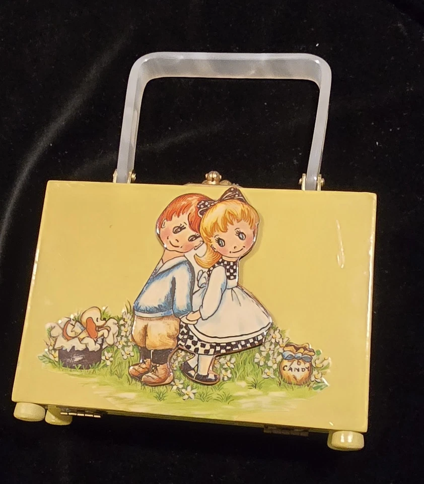 CAJA DE MADERA DE COLECCIÓN MONEDERO MANGO LUCITE ~ Pintado a mano/decoupage niños pequeños y cachorro Foto 1 de 4