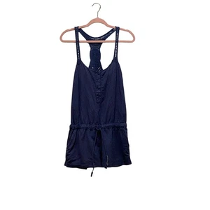 FREE PEOPLE Blue Floral Romper Shorts One Piece XSMALL Crocheted Straps Pockets - Picture 1 of 7