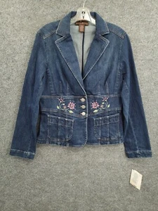 Bandolino Denim Jacket Womens 8 Embroidered Button Up Pockets Fitted Blue NWT - Picture 1 of 17