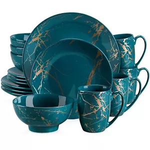 Dinnerware Plates Bowls Daphne' 16 Pieces Porcelain Set Color Glaze Gold - Picture 1 of 12