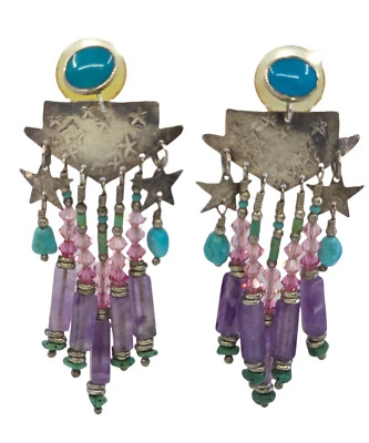 PENDIENTES COLGANTES ESTRELLA CELESTE Y CUENTAS CRISTAL TURQUESA TABRA FIRMADOS Foto 1 de 4