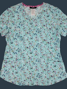 HeartSoul Women's Scrub Top Sz M Lt. Blue Embroidered Bird & Butterfly Pattern - Picture 1 of 13