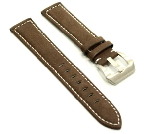 24mm Dark Brown White Stitch Suede Genuine Leather Shiny Pre-V Buckle Watch Band - Picture 1 of 3