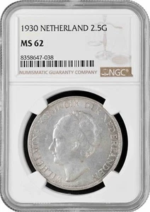 Netherlands 2 1/2 gulden 1930, NGC MS62, "Queen Wilhelmina (1890 - 1948)" - Picture 1 of 2