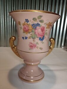  VTG Princeton China Company Porcelain Vase, Pink w/ Flowers & Gold Trim-8"-EUC