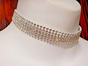 NARROW CLEAR CRYSTAL RHINESTONE COLLAR silver-tone vinyl choker necklace band 4B - Picture 1 of 3