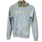 G Guess gray quilted zip up hooded faux fur sweater size small  