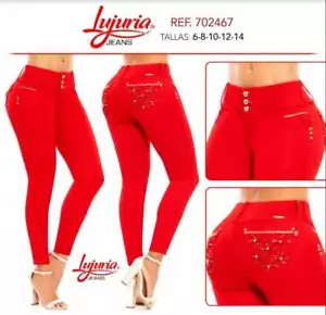 LUJURIA JEANS COLOMBIANOS Butt Lifter Rhinestone Red Skinny Push Up Jeans 702467 - Picture 1 of 12