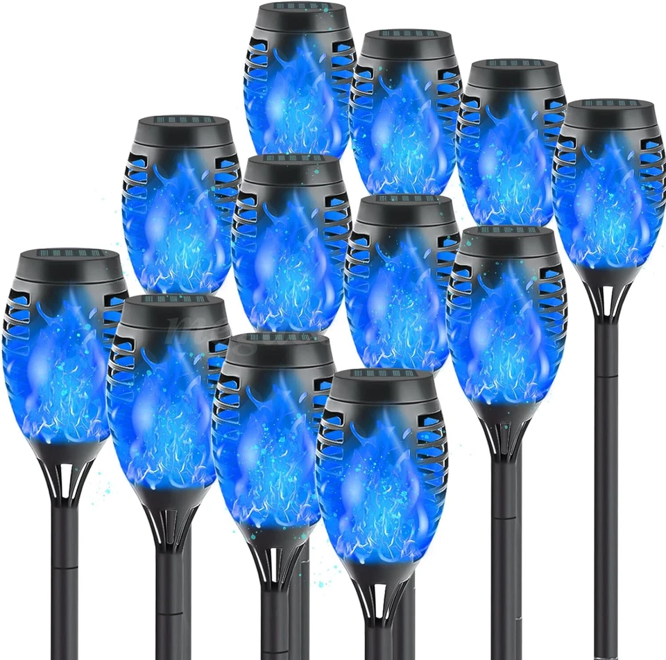12 PACK Flickering Solar Lights Flame Torch Outdoor Landscape Garden Lights Blue - Image 1 of 4