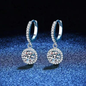 1-2ct Round Moissanite Dangling Earrings 925 Silver Platinum Plated Pass Tester - Picture 1 of 12