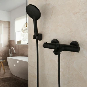 BlackThermostatic Wall Mount Bathroom Handheld Shower Faucet Set Spray Mixer Tap - Picture 1 of 6