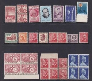 PAGE OF AUSTRALIAN PRE-DECIMAL STAMPS VARIETY OF BLOCKS PAIRS & SINGLES MUH #34 - Picture 1 of 1