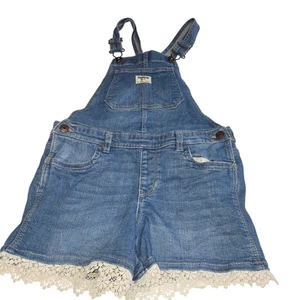 Osh Kosh Bgosh Girl Size 8 Overalls Shortalls Denim Lace Ruffle Vestbak Vacation - Picture 1 of 12