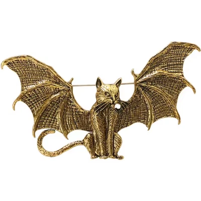 LARGE Halloween Gold Winged Cat Bat Brooch Pin Gothic Punk Jewelry Costume Gift - Image 1 of 4