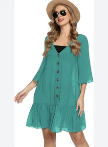 Vestido boho con volantes delanteros con botones verde azulado Avidlove - Talla única (se ajusta como grande nuevo con etiquetas - Imagen 1 de 11