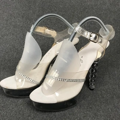 Ellie 521-Jewel-W Clear Dancers Strappy Rhinestone Lucite 5" Platform Heels Sz 6 - Image 1 of 4