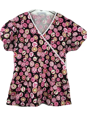Sierra Scrubs Black Pink Hearts Butterflies Print Short Sleeve Scrub Top Size M - Image 1 of 4