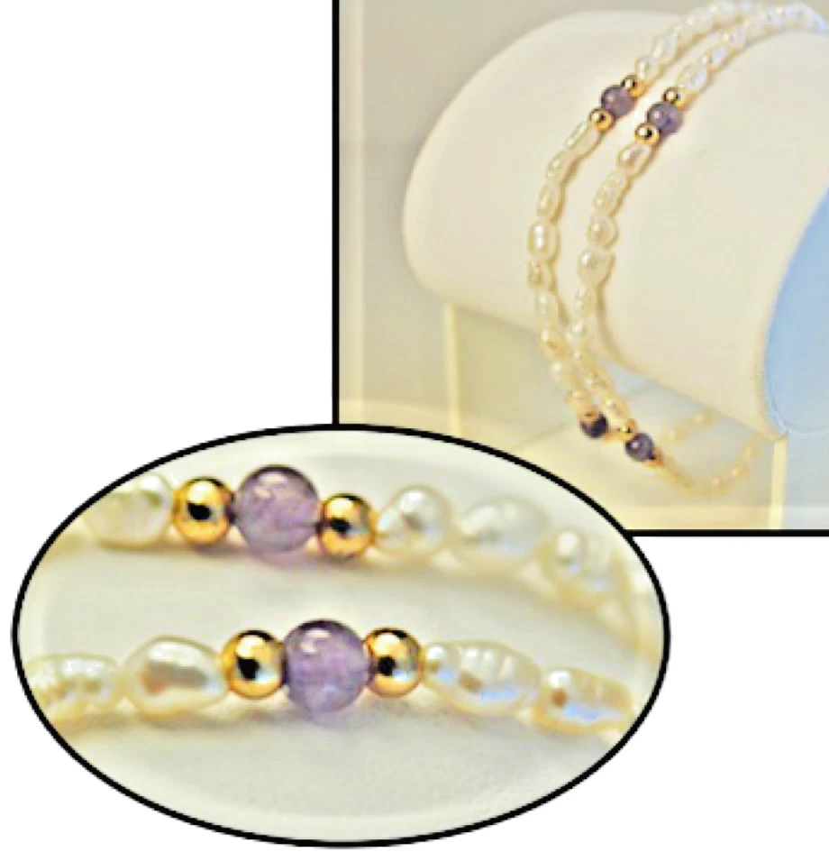 Biwa Pearl Bracelet Amethyst gemstone 18kt yellow gold filled 2 strand 7 5" New - Image 1 of 4