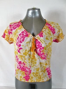 Old Navy womens XS S/S PINK YELLOW IVORY RUFFLES V NECK TOP BLOUSE (P)P - Picture 1 of 11