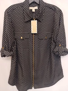 NEW Michael Kors Women's Black Polka Dot Zip Up Blouse Size L - Picture 1 of 5