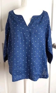 Top túnica Monzón 100 % lino azul marino blanco lunares cuello en V XL - Imagen 1 de 5