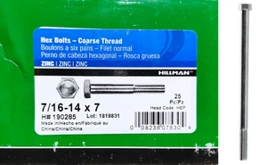 The Hillman Group 190285 Hex Bolt, 7/16''-Inch X 7''-Inch, 25-Pcs/Box - Picture 1 of 3