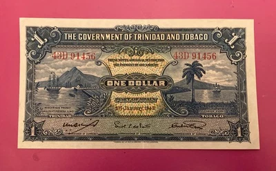 Billete de un dólar de Trinidad y Tobago 1943 súper nítido bonito XF/AU. Foto 1 de 2
