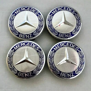 LOT 4 Cache Moyeu 75mm BLEU Pour Mercedes Logo Emblème Jante Centre De Roue - Picture 1 of 3