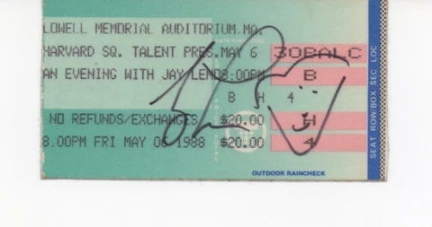 Signed JAY LENO Autographed 1988 Ticket Lowell Memorial Auditorium Laminated Cover