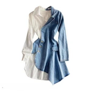 Womens Irregular Denim Casual Stitching Long-Sleeved Shirt Dress Fashion Blouse - Picture 1 of 23