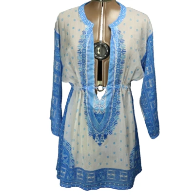 Rima Beach Wear Sheer Swim Cover Up Dress 3/4 Sleeve Short Length Blue OS (S/M) — 第 1/4 张图片