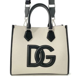 DOLCE&GABBANA Logo 2WAY Tote Bag Canvas/Leather Natural/Black BM2012AY9968S469 - Picture 1 of 18