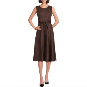 Calvin Klein Brown Vegan Suede Moleskin Belted Fit Flare Dress Plus Size 20 W - Picture 1 of 10