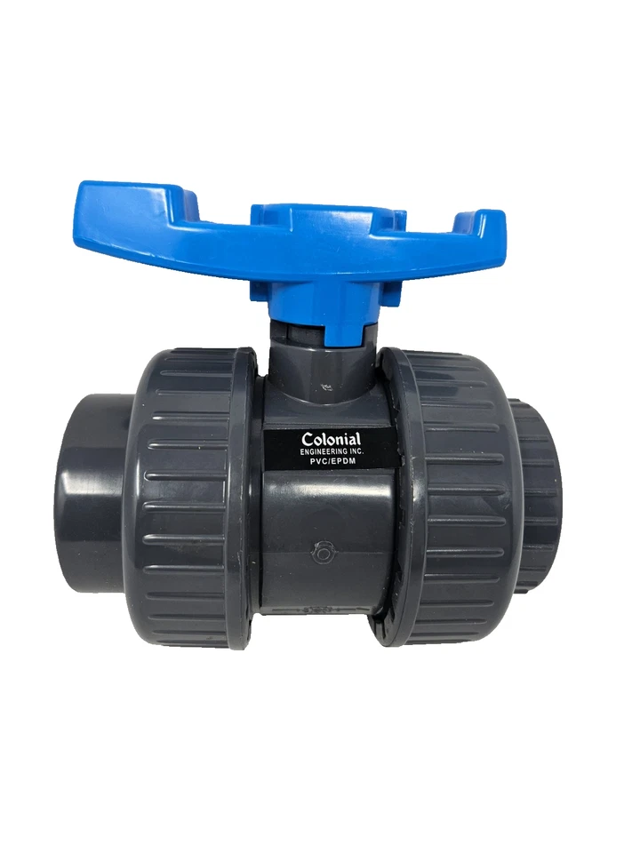 Colonial  1-1/2" PVC 80 True Union Ball Valve EPDM SOC x FPT Blue Handle 801 Ser - Image 1 of 4