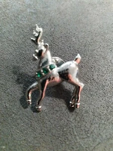 Silver Tone Reindeer Jewelry Pin Green Stones Marked Christmas - Picture 1 of 4