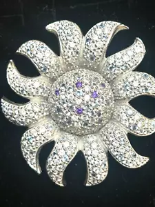 DESIGNER STERLING SILVER & MULTICOLOR GEMSTONE SUNBURST BROOCH/ PENDANT, LARGE - Picture 1 of 5