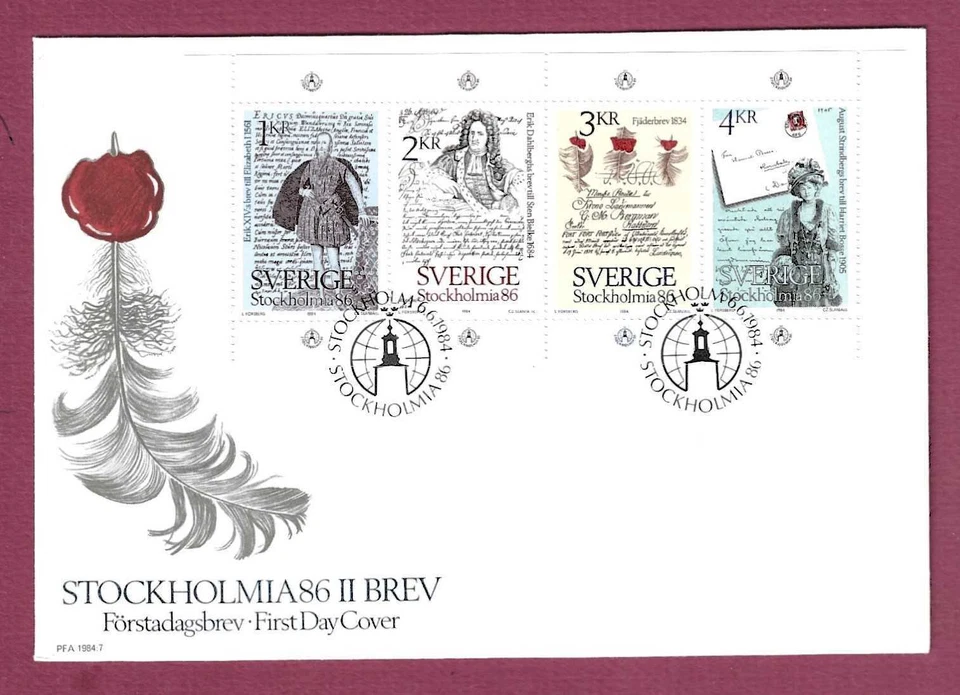 SWEDEN – FDC – 1984 – STOCKHOLMIA ‘86 ISSUE - Scott #1505a – BOOKLET PANE OF 4  - Image 1 of 1
